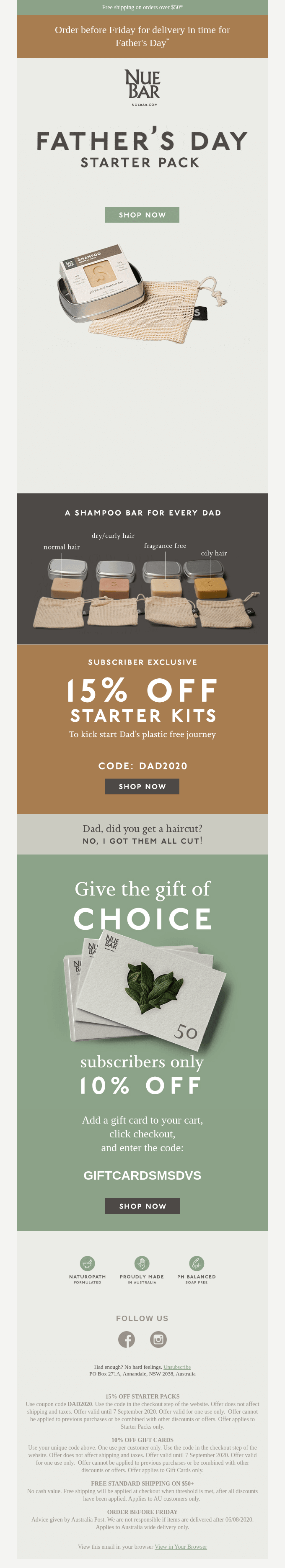 Image shows a Father's Day email from shampoo bar brand NUE BAR. At the top is a sage green banner stating 
