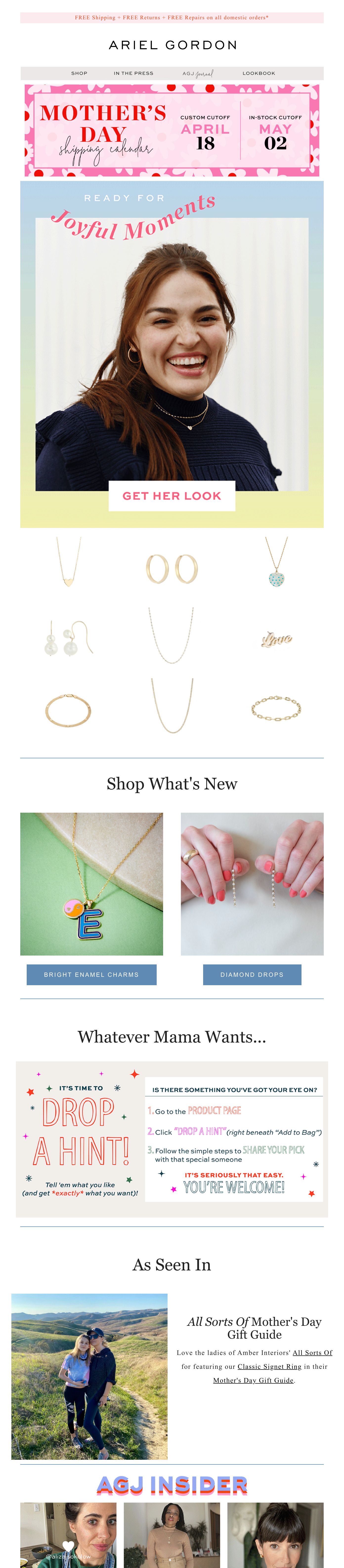 Image shows a Mother's Day email from Ariel Gordon Jewelry. At the top is a pink polka dot banner with shipping cutoff dates of April 18 and April 02. Below is a smiling woman wearing layered gold necklaces on a pastel gradient background with text reading 