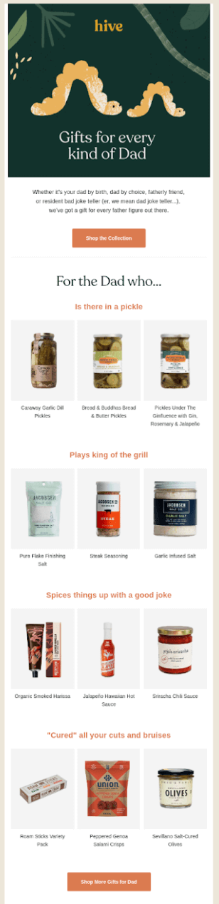 Image shows a Father’s Day email campaign from sustainable marketplace Hive Brands, which kicks off with an illustration of a bigger caterpillar following an identical smaller caterpillar, headlined, “Gifts for every kind of dad.” The email copy under the image reads, 