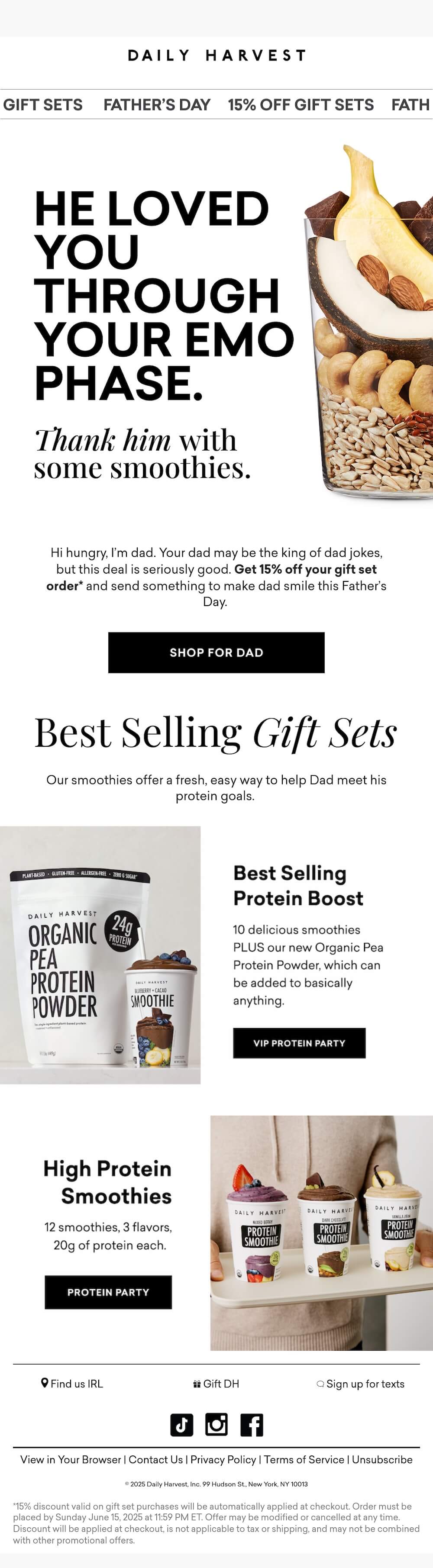 Image shows a Father's Day email from Daily Harvest featuring the headline 