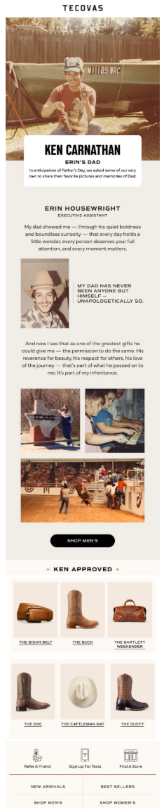 Image shows a Father's Day email from Tecovas featuring employee tribute to Ken Carnathan (Erin's dad) with vintage photos and the quote 