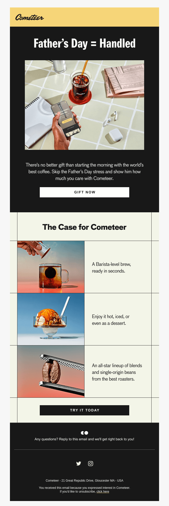 Image shows a Father's Day email from coffee brand Cometeer. At the top is a yellow banner with the Cometeer logo. The hero section has a black background with white text reading 