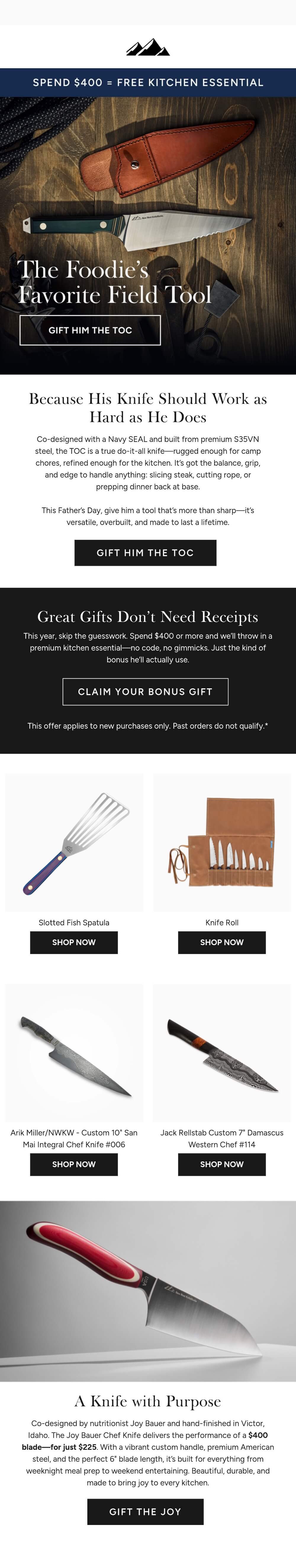 Image shows a Father’s Day email from New West Knifeworks promoting 