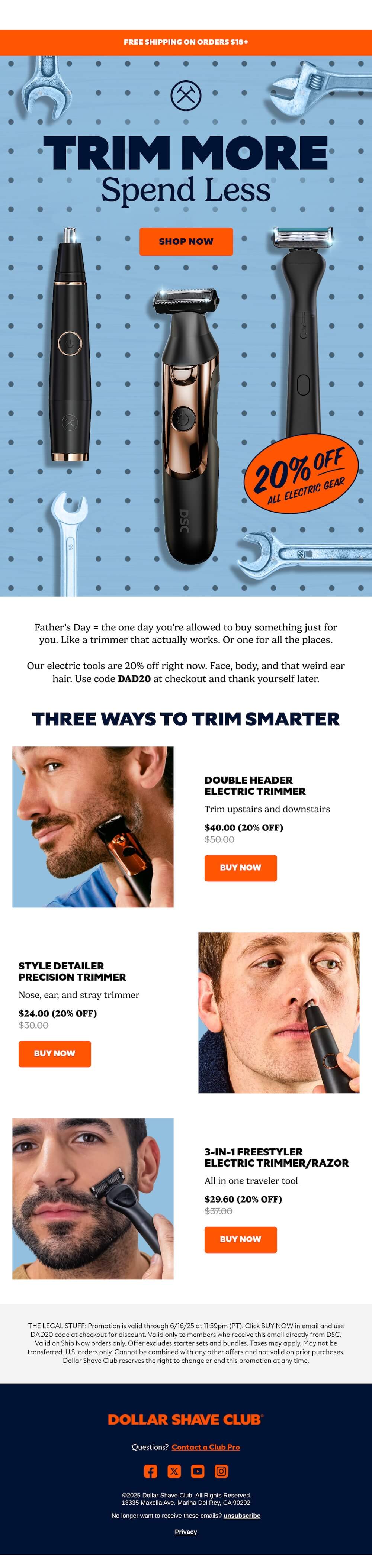 Image shows a Father's Day email from Dollar Shave Club with blue pegboard background displaying grooming tools and wrenches. Headline reads 