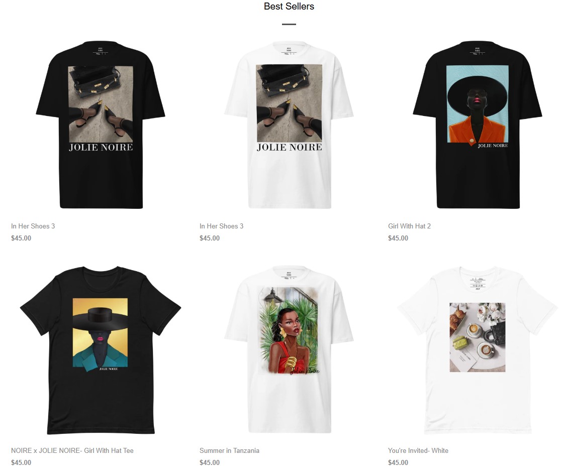How to make money on Shopify: Six T-shirts displayed in two rows of three, each featuring a unique printed artwork or photograph, including portraits of women and lifestyle scenes. Prices for each shirt are listed below the designs.