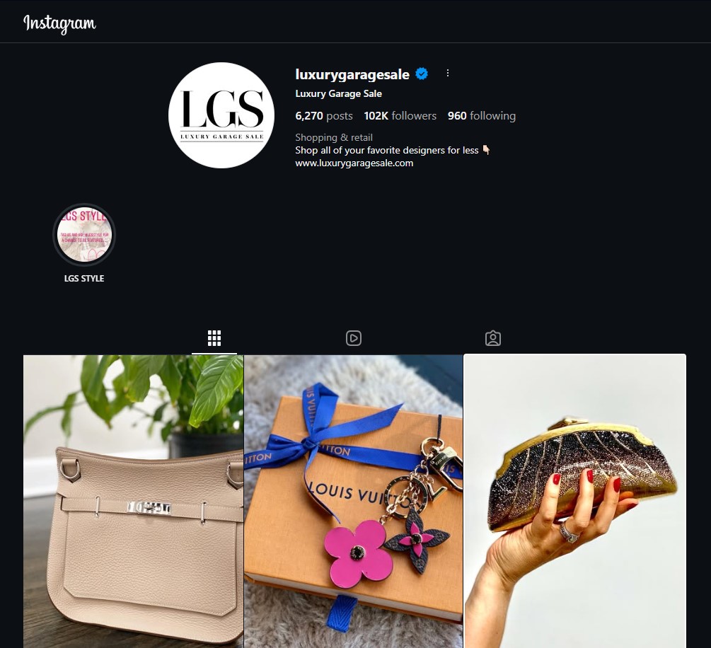 How to make money on Shopify: Instagram profile for luxurygaragesale featuring a logo and three images: a beige handbag, a Louis Vuitton gift box with keychains, and a hand holding a textured gold clutch.