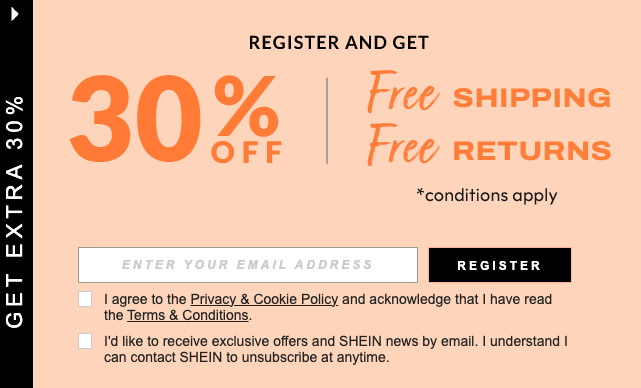 Shein welcome popup email sign up form example 