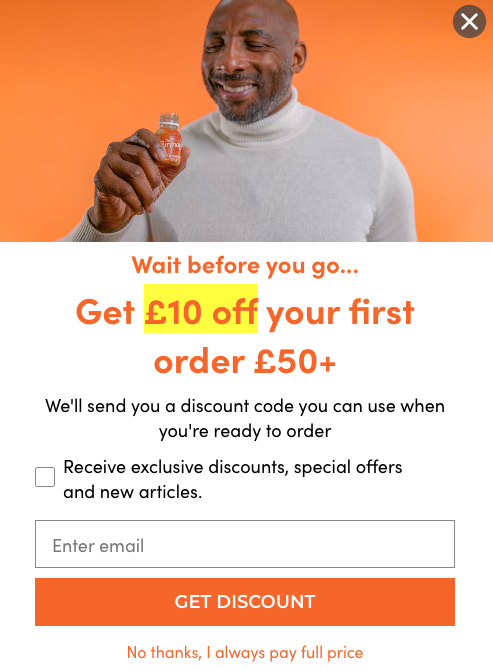 Brand-colored exit-intent popup signup example at The Turmeric Co