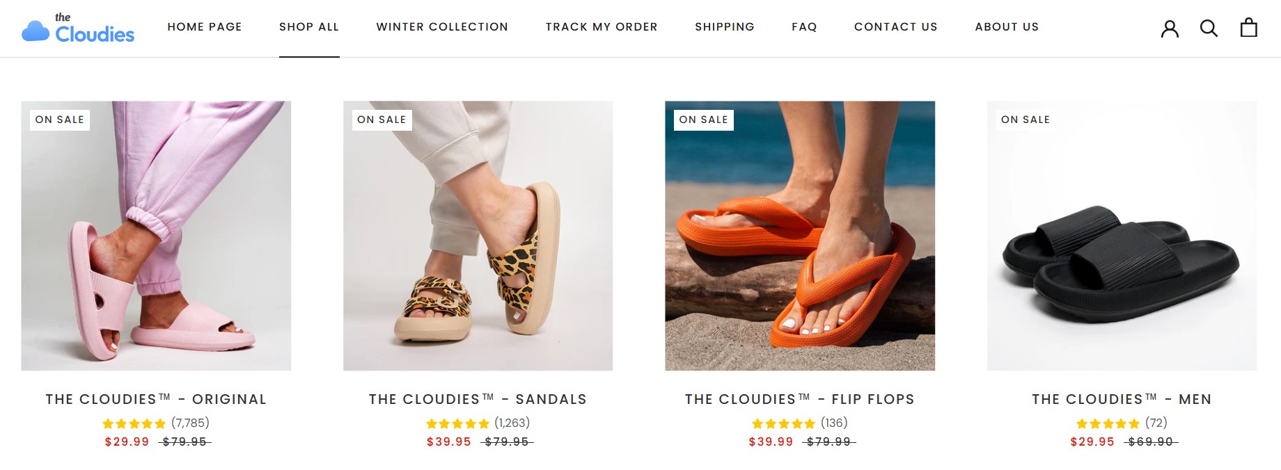 How to make money on Shopify: Screenshot of an online store showing four types of The Cloudies footwear: pink slip-ons, leopard print sandals, orange flip flops, and black slides. Each is labeled on sale with prices and customer ratings below.