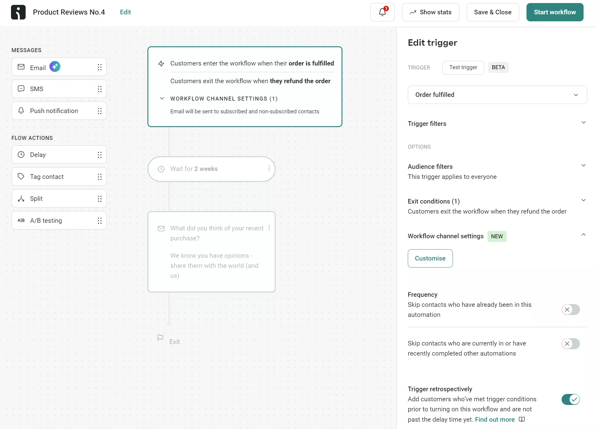 Dropshipping marketing strategies: A workflow automation interface shows trigger settings for sending emails and SMS after an order is fulfilled or refunded, with editable conditions, delays, and customization options visible on the right panel.