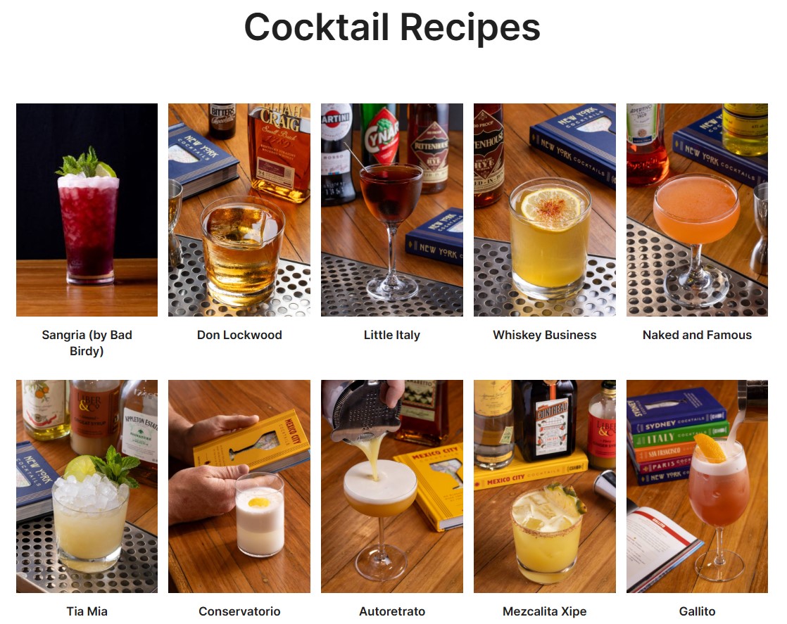 How to make money on Shopify: A grid of ten cocktails, each in a different glass with unique garnishes. Each drink is labeled with its name, such as Sangria, Don Lockwood, Little Italy, Whiskey Business, and more, arranged in two rows on a bar.