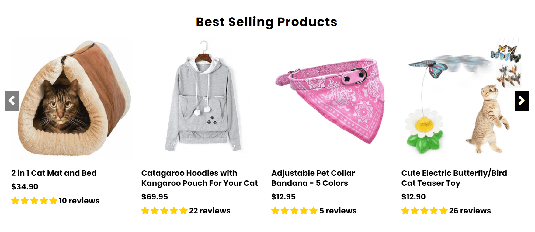 Dropshipping marketing strategies: Four best-selling pet products: a cat in a cozy cat mat and bed, a gray hoodie with a front pouch holding a cat, a pink pet collar bandana, and a kitten leaping to catch an electric butterfly toy.