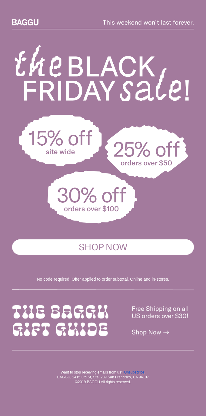 Tiered discount codes email from Baggu