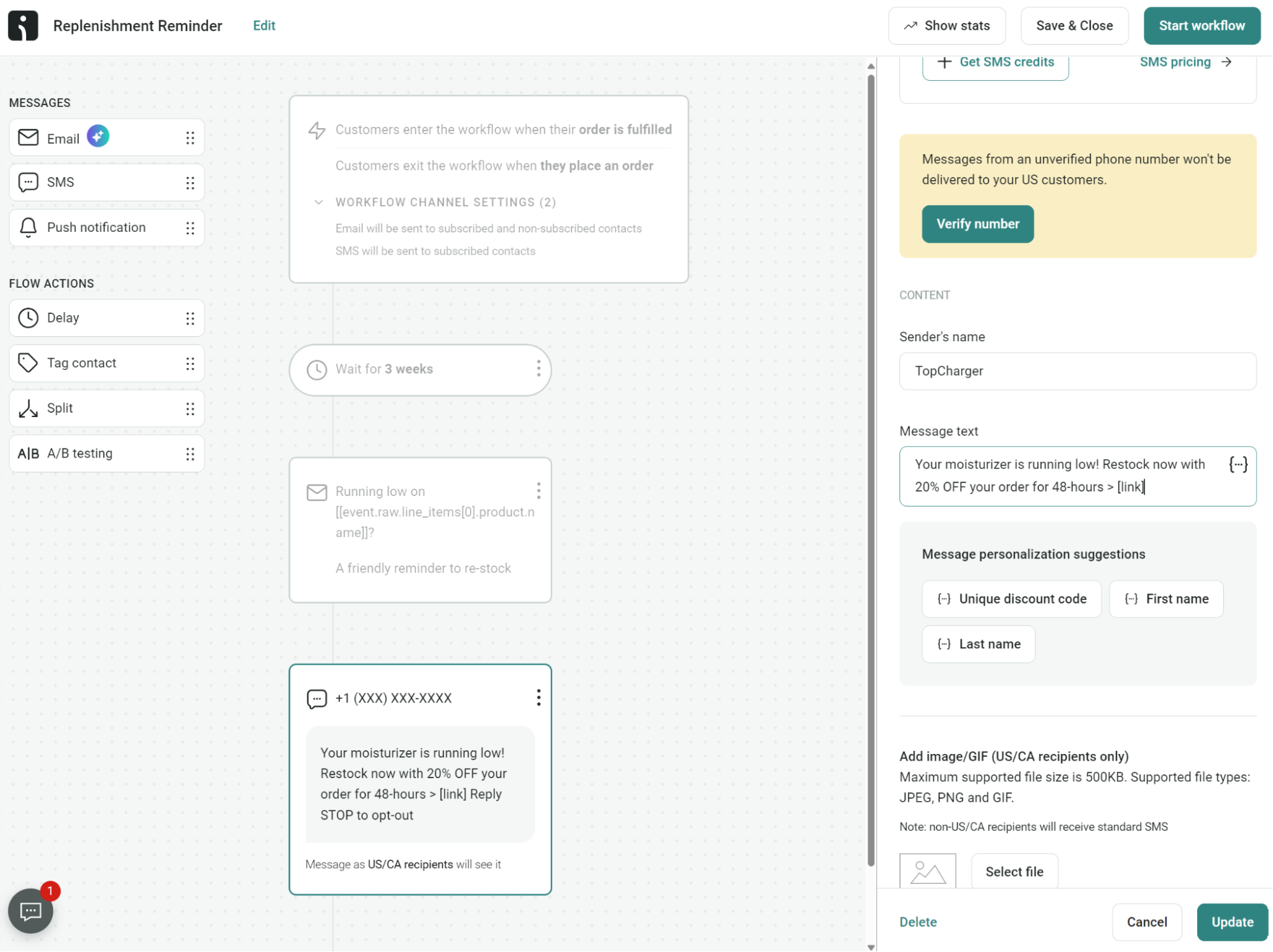 Replenishment reminder workflow example