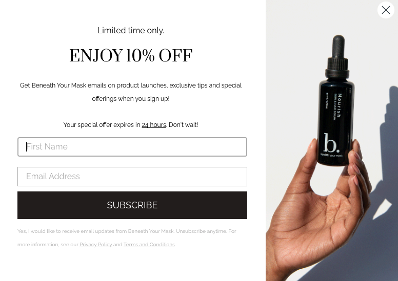 Email signup form example with an animated GIF of Beneath Your Mask products