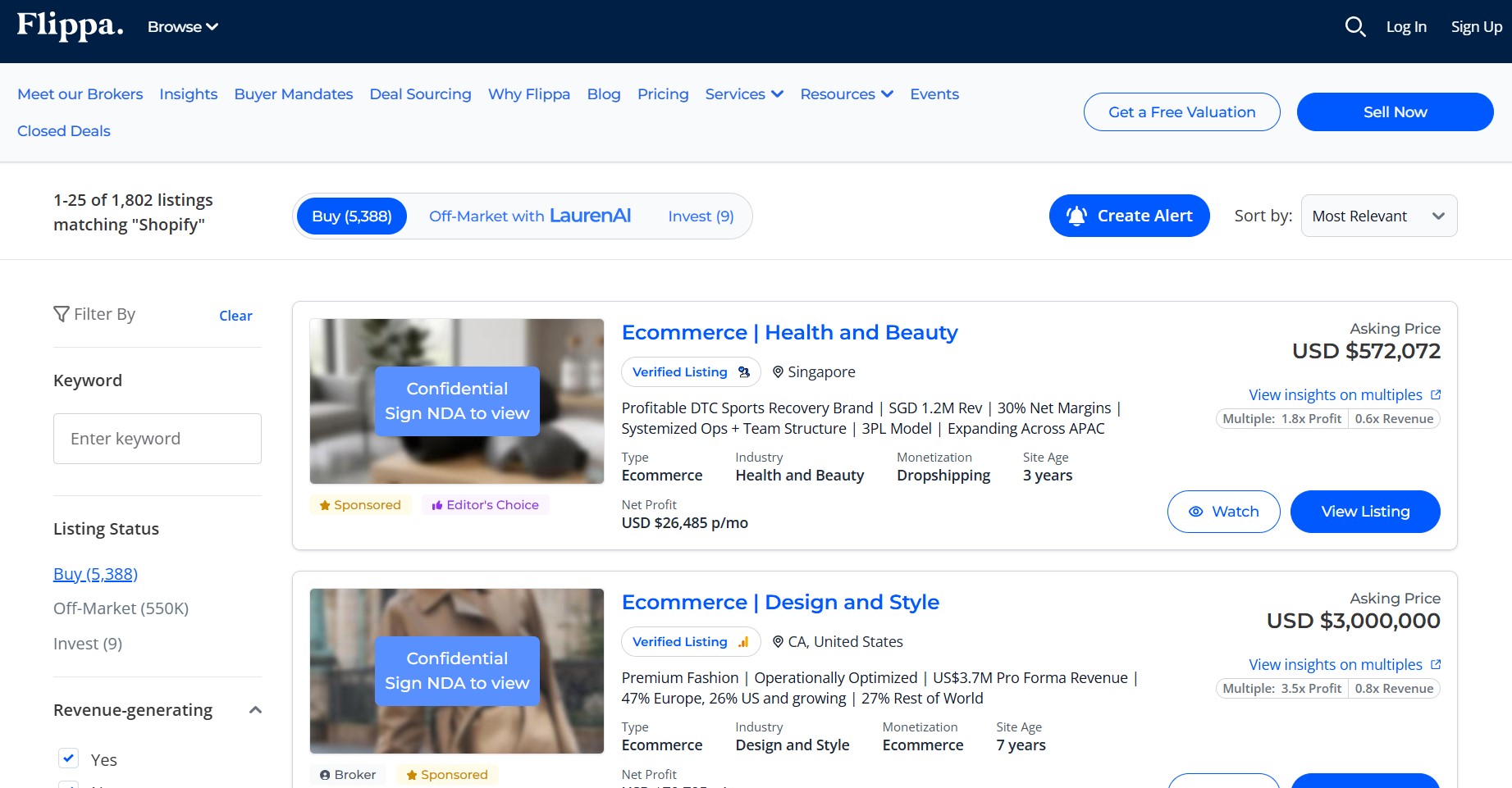How to make money on Shopify: Screenshot of a Flippa search results page showing ecommerce business listings for sale, including brief descriptions, locations, asking prices, and buttons to view more details. NDA confidentiality notices cover business names.