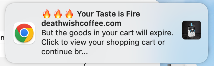 Cart abandonment reminder with product images by Death Wish Coffee