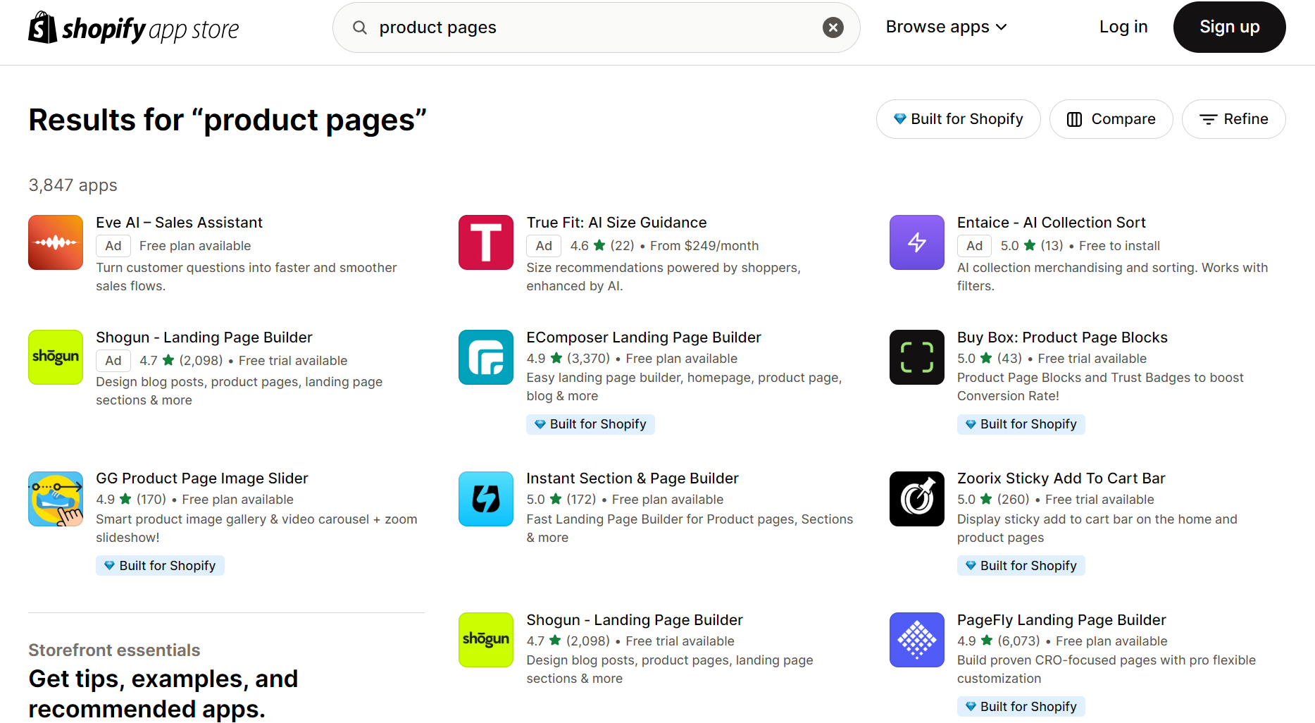 Product page results on Shopify App Store