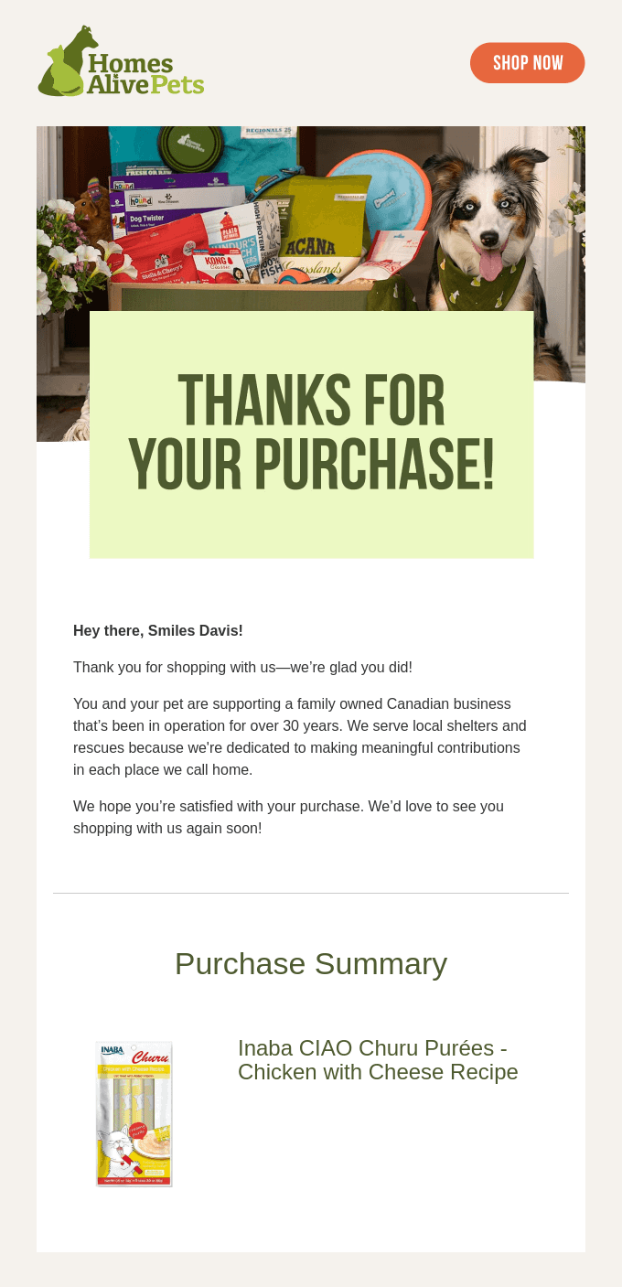 Homes Alive Pets post-purchase email example