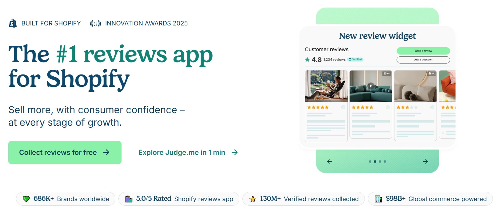 How to make money on Shopify: A Shopify webpage promotes a top-rated reviews app, displaying customer reviews with star ratings, photos, and highlighting features like 686K+ brands, 130M+ verified reviews, and global commerce power.