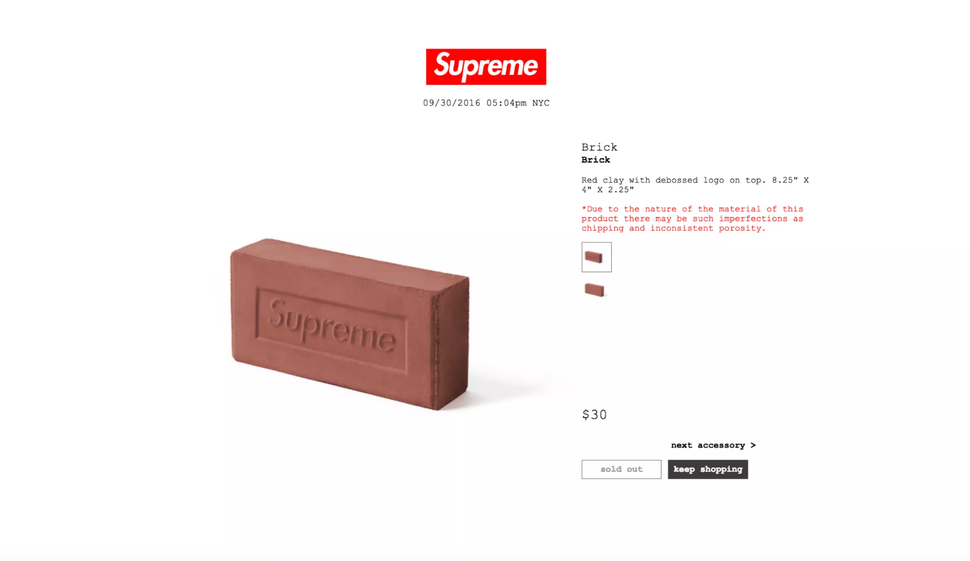 Advantages and disadvantages of discounts: A red brick with the Supreme logo embossed on it is shown on a minimalist white online product page listing the price as $30 and noting it is sold out. Product details and the Supreme logo are visible above.