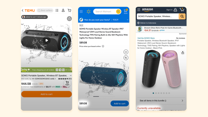 So sánh giá cùng một sản phẩm loa trên Temu, Walmart và Amazon. (Ảnh: Tech in Asia).